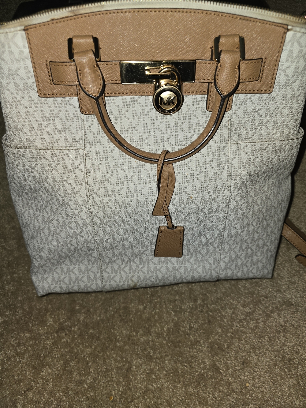 Michael Kors White MK Logo Tote with Tan Trim and Gold Hardware